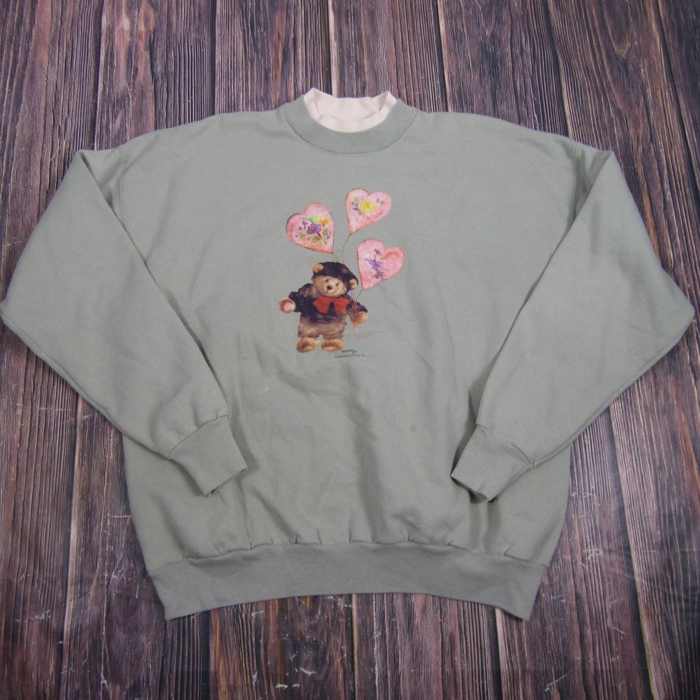 LOGOTEL Womens XL Green Teddy Bear Hearts Crewneck Sweatshirt Fleece Pullover